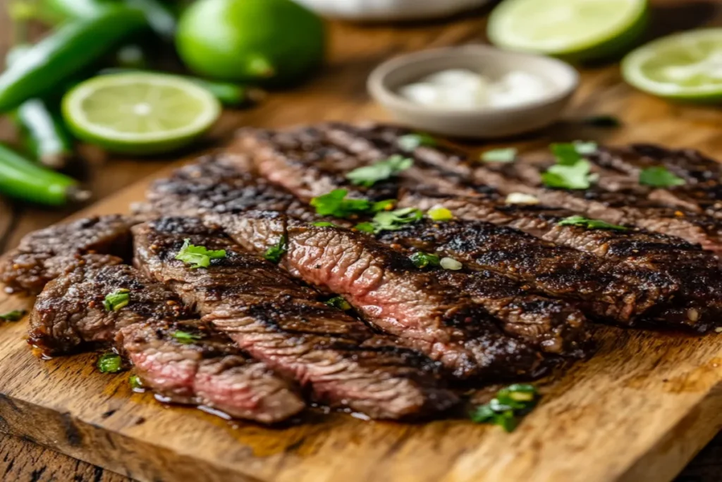 Close-up of Chipotle-style grilled steak with charred edges on a cutting board