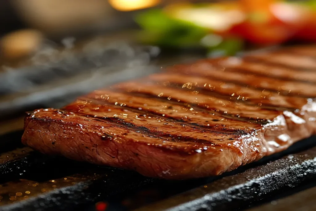 Close-up of thin steak on the grill with smoke, char marks, and visible tenderness