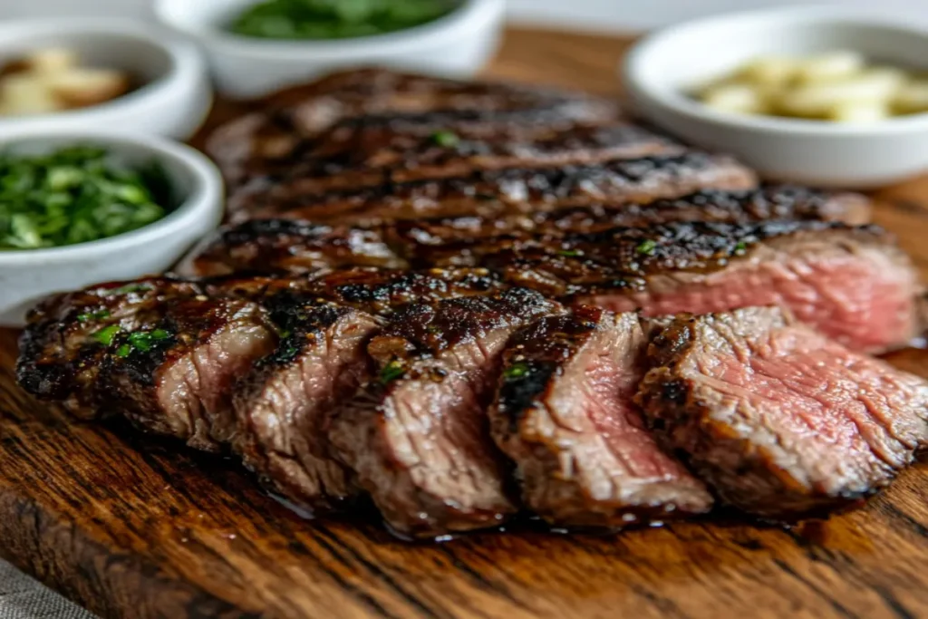 Sliced thin steak with a caramelized sear on a wooden board, surrounded by seasoning bowls and herbs