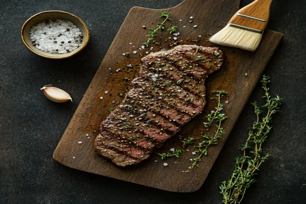 Overhead view of thin steak seasoned on a cutting board with herbs, marinade, and garlic cloves