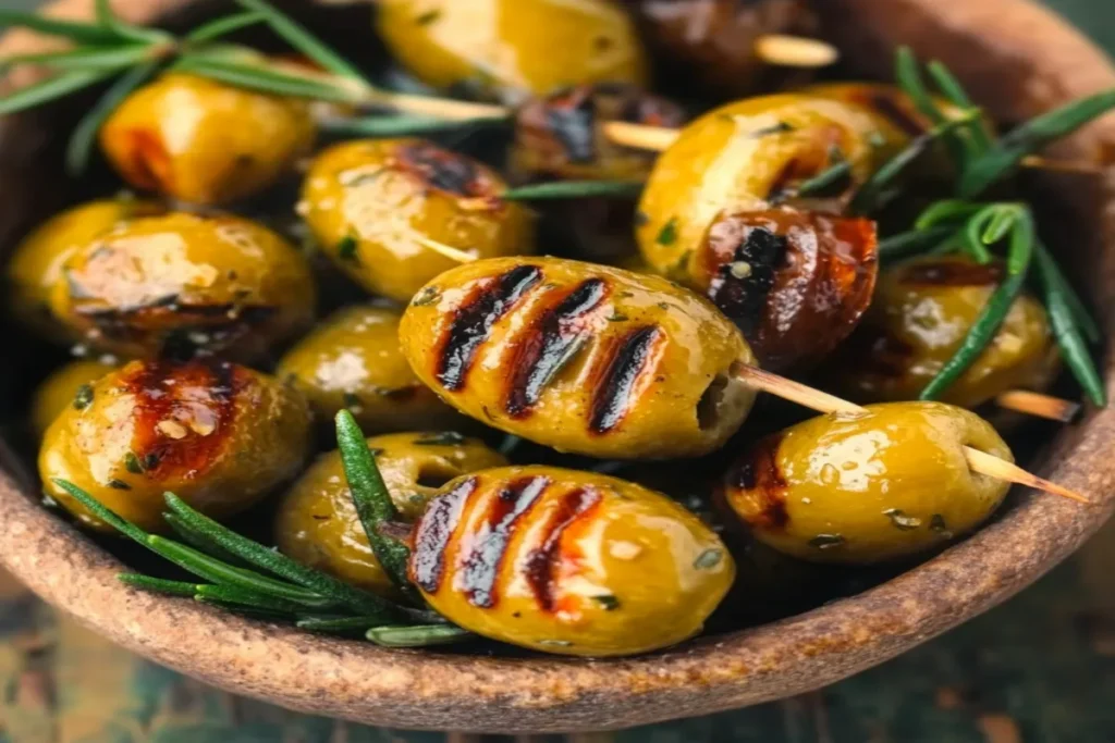 A bowl of grilled olives skewered with fresh herbs on a wooden table, with char marks and a rustic Mediterranean ambiance.