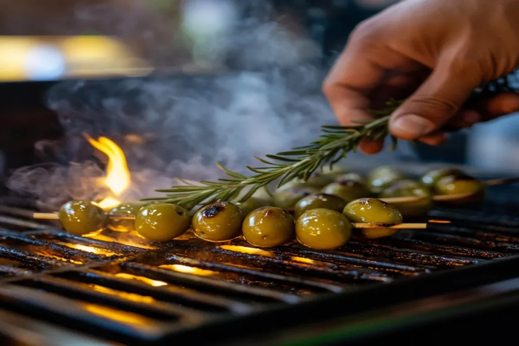 Hands grilling skewered olives with rosemary over a stovetop flame, showing the olive grilling process.