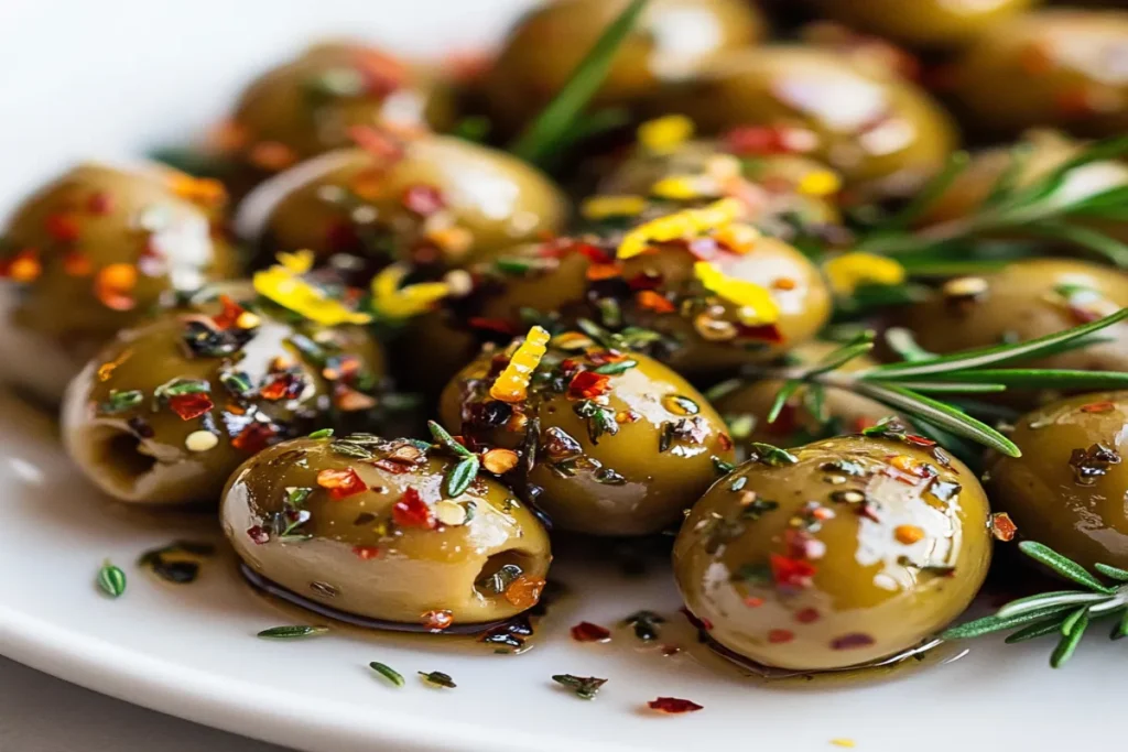 Grilled olives on a plate garnished with rosemary, thyme, crushed red pepper, and lemon zest.