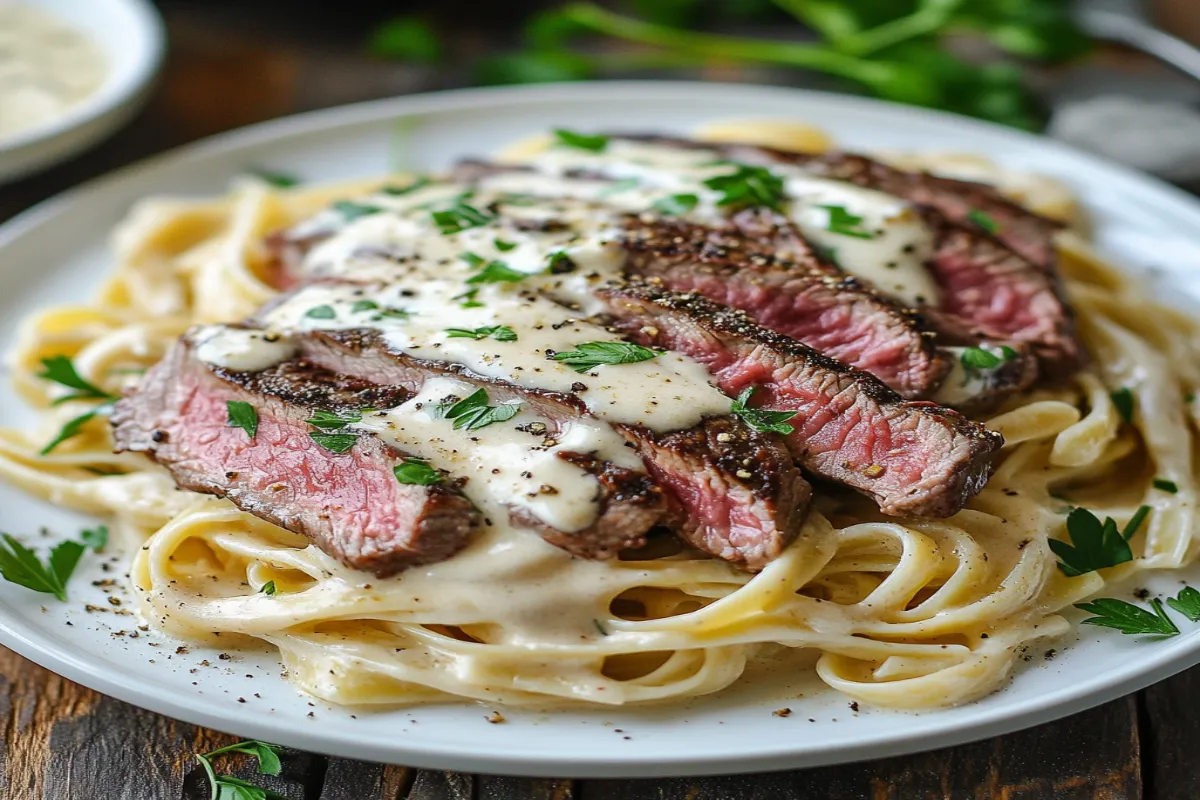 A plate of Steak Alfredo with creamy Alfredo sauce, sliced steak, and fettuccine pasta.