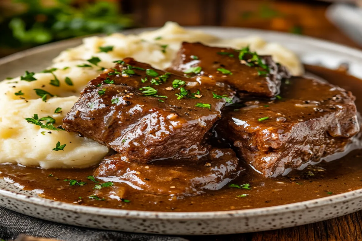 Plate of crock pot cube steak with gravy and mashed potatoes