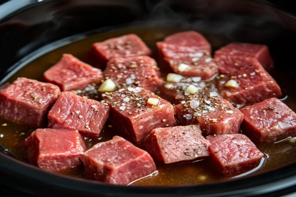 Close-up of seasoned cube steak with crock pot ingredients