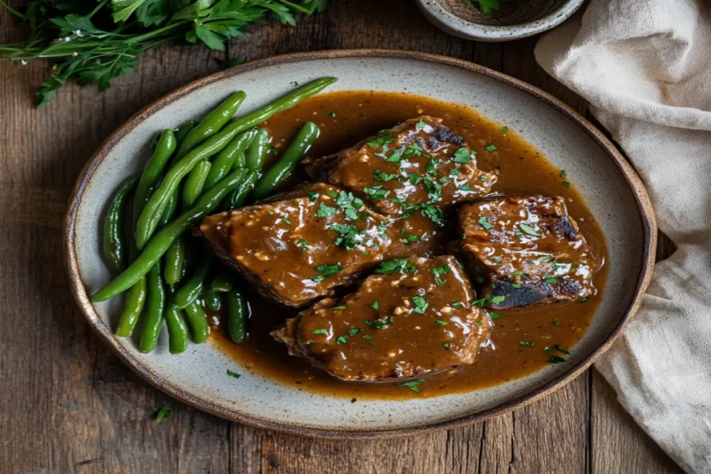 Crock pot cube steak with gravy, green beans, and parsley garnish