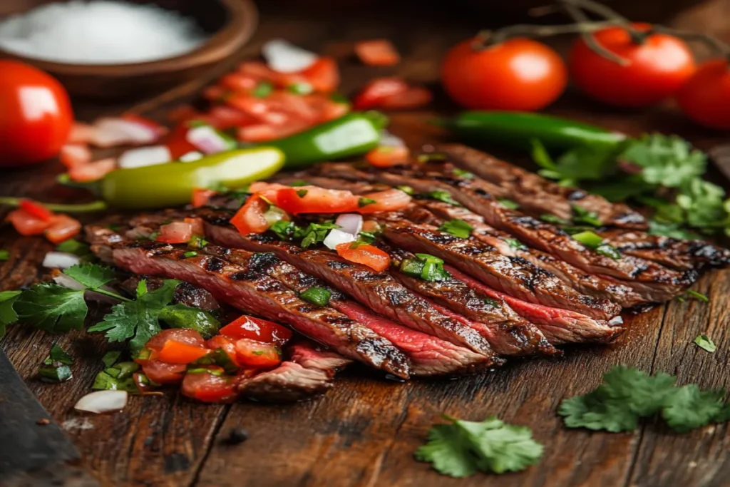 A plate of Bistec a la Mexicana, a traditional Mexican beef steak served with fresh vegetables.