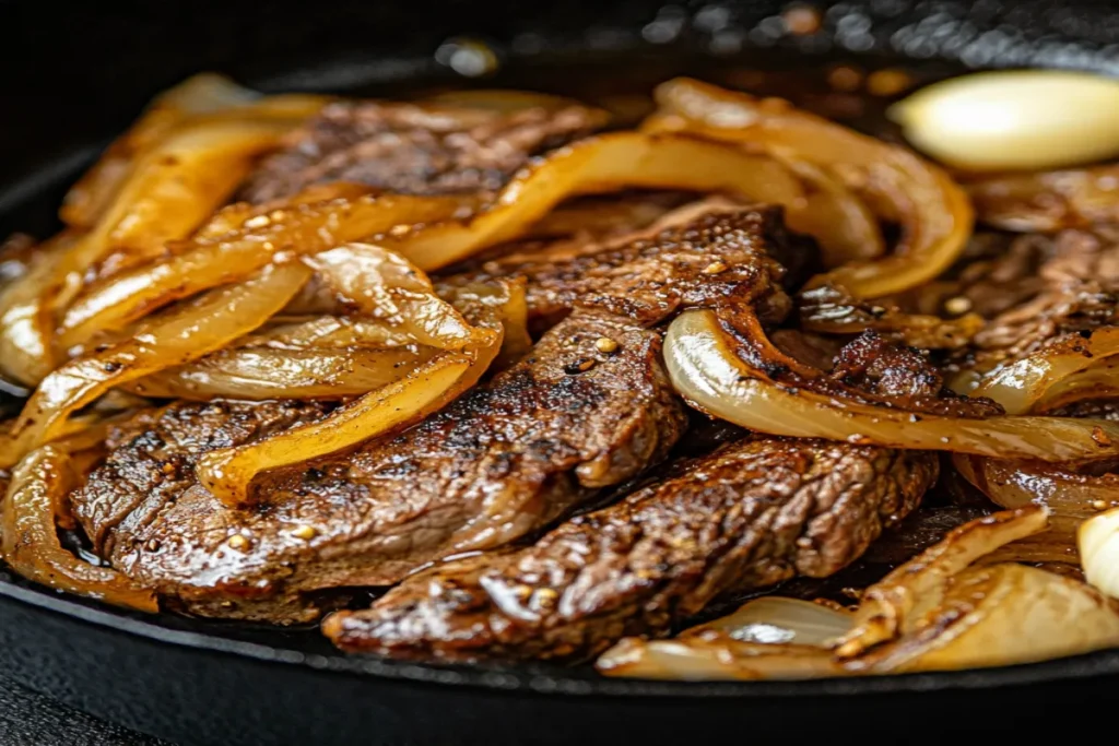 Close-up of bistec frying in a cast iron skillet with caramelized onions.